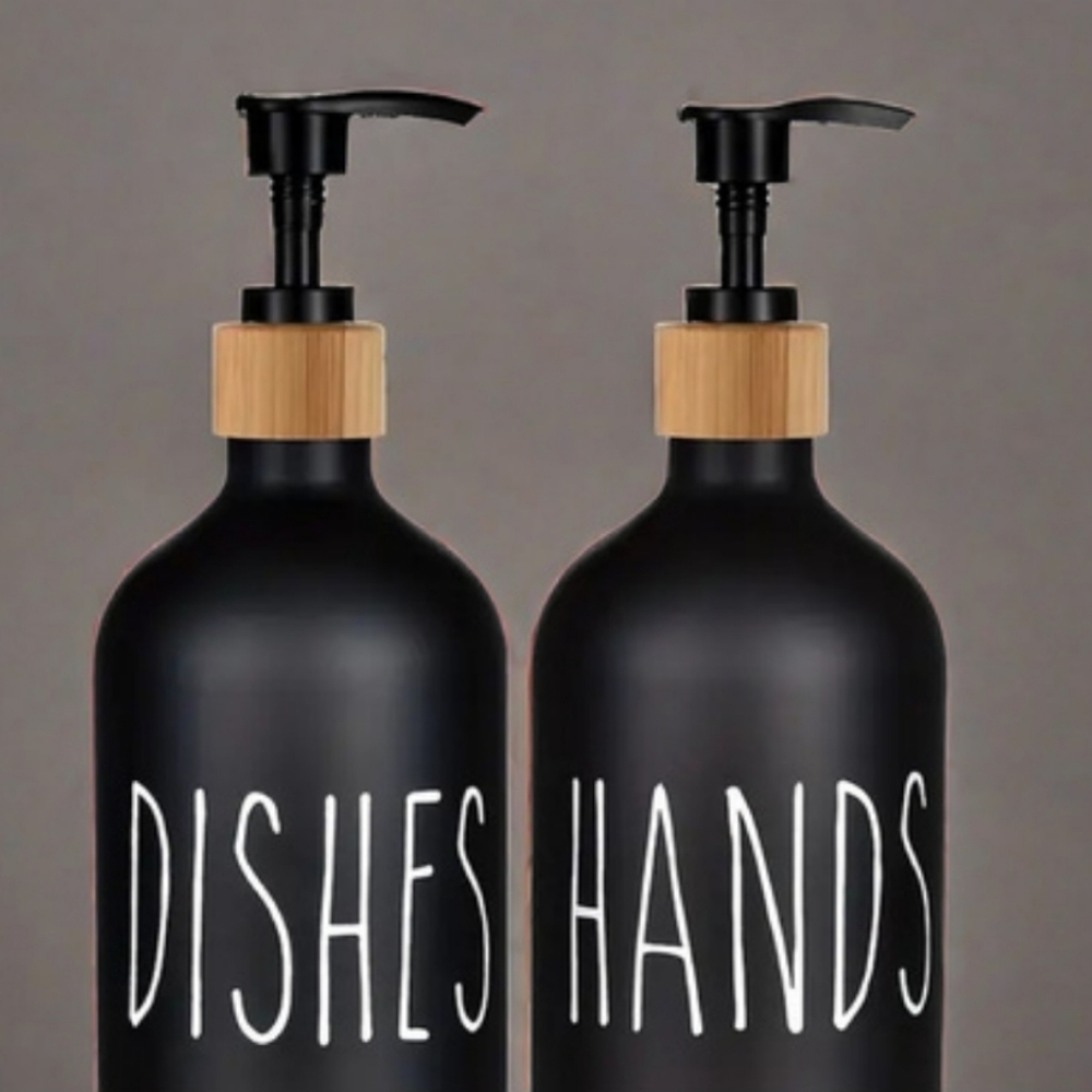 2 Pcs Hand and Dishes dispensers in black with white lettering and bamboo tray.
